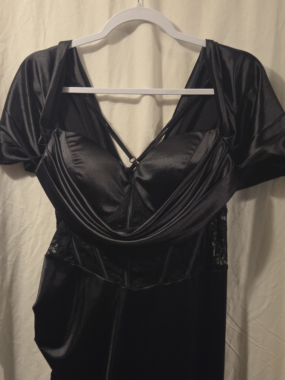 SHEIN Black Satin Draped Chemise with Lace Insets